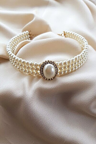 PETEK AKSESUAR Incili Choker Tasma Kolye Gold