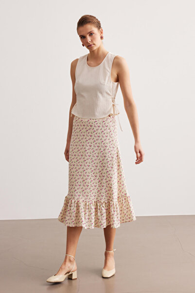 STELLA PULVIS Cream Ruffled Floral Patterned Midi Skirt