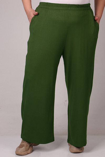Eslina 39000 Plus Size High Waist Elastic Wide Leg Combed Cotton Trousers - Khaki