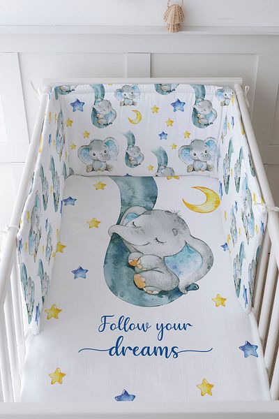 Tuğba Kuğu Baby Bedside Protector and Printed Sheet Sleeping Set - For Baby Series - Blue Elephant in the Trunk