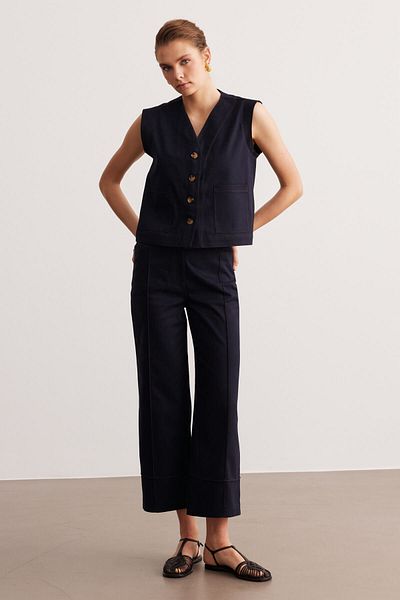 STELLA PULVIS Navy Blue Stitching Detailed Gabardine High Waist Trousers