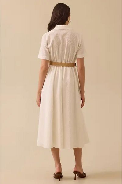 SEÇİL Women's Patterned Belt Detailed Scalloped Dress - Ecru