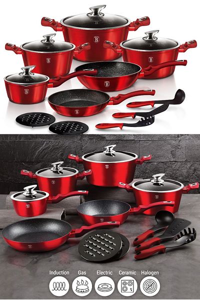 Berlinger 15 Pcs Nonstick Cookware Set Pots Pans Marble Coating Burgundy Metallic Line