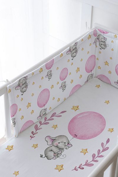 Tuğba Kuğu Baby Bedside Protector and Printed Sheet Sleeping Set - For Baby Series - Pink Large Balloon Elephant