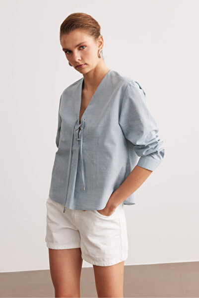 STELLA PULVIS Bluză albastră din bumbac cu decolteu în V