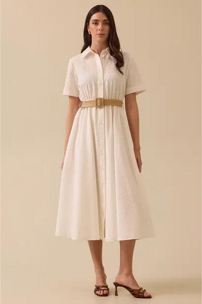 SEÇİL Women's Patterned Belt Detailed Scalloped Dress - Ecru