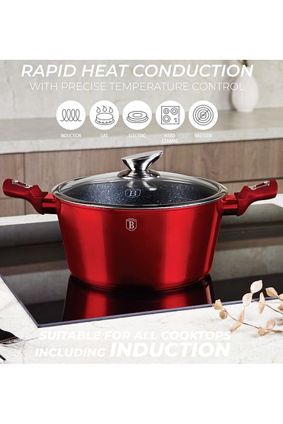 Berlinger 15 Pcs Nonstick Cookware Set Pots Pans Marble Coating Burgundy Metallic Line
