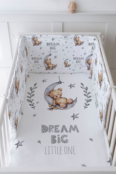 Tuğba Kuğu Baby Bedside Protector and Printed Sheet Sleeping Set - For Baby Series - Sleeping Bear on the Gray Moon