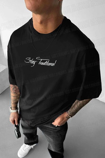 Millionaire Men's Black Traditional Teddy Bear Teddy Bear Oversize Fit Loose Wide Fit Loose Cut T-Shirt