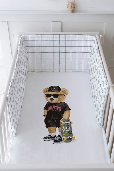 Tuğba Kuğu Baby Bedside Protector and Printed Sheet Sleeping Set - Pure Baby Series - Teddy Bear with Skateboard