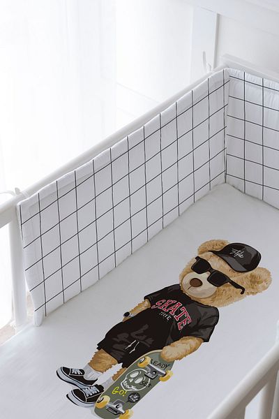 Tuğba Kuğu Baby Bedside Protector and Printed Sheet Sleeping Set - Pure Baby Series - Teddy Bear with Skateboard