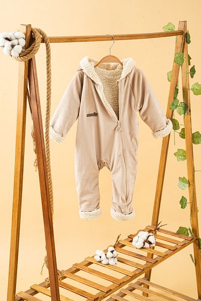 bombe Baby Kids Beige Hooded Furry Cotton Comfortable Jumpsuit Trend Fashion Jumpsuit