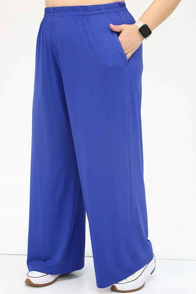 Eslina 39000 Plus Size High Waist Elastic Wide Leg Combed Cotton Trousers - Indigo