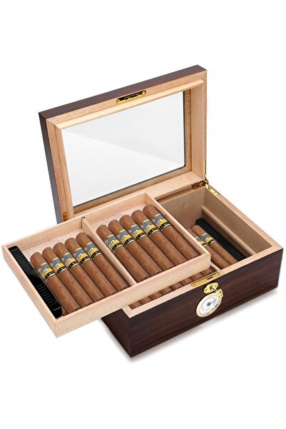 Falconetti De folu Kahverengi Camlı 2 Katlı Humidor Puro Kutusu rd46-d3
