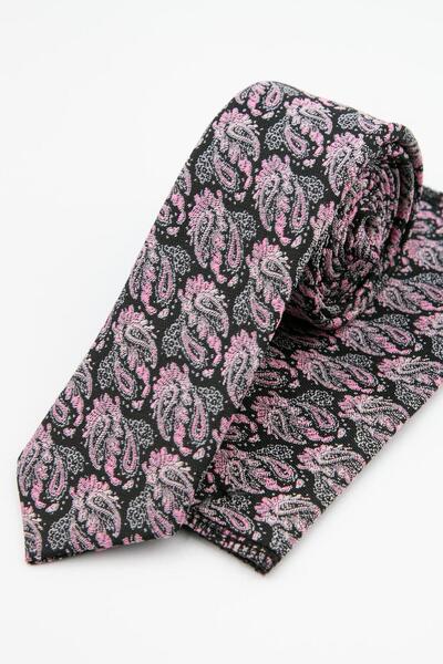 SIRRI Men's Paisley Patterned Tie and Handkerchief Set - Black & Pink (5.5X15...