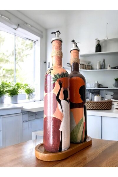 Mes Reves African Women's Themed Handmade 750 ml Olive Oil Liquid Bottle Oil Pot Oil Bottle Set of 2