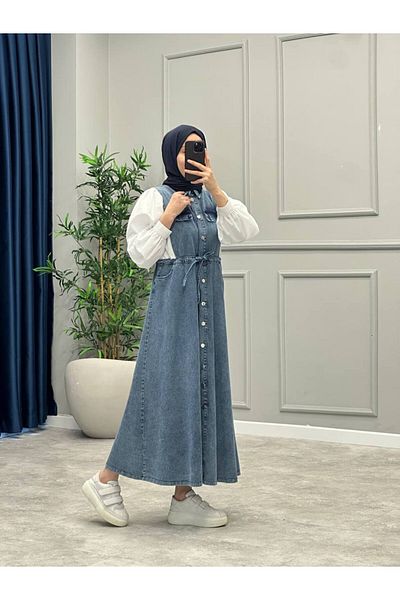 OlaLady Cămașă cu balon cu mâneci pentru femei, cu talie adunată, rochie din denim, blugi