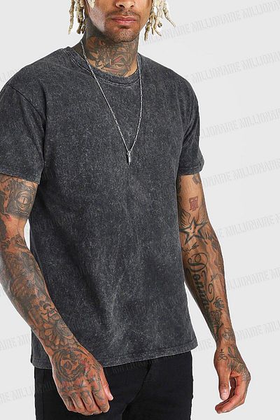 Millionaire Men's Black Regular Acid Washed T-Shirt with Tumbled Effect