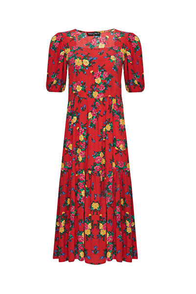 STELLA PULVIS Crvena midi haljina četvrtasti izrez Naborano