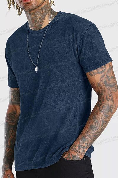 Millionaire Men's Navy Blue Regular Acid Washed T-Shirt with Tumbled Effect
