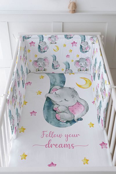 Tuğba Kuğu Baby Bedside Protector and Printed Sheet Sleeping Set - For Baby Series - Pink Elephant in the Trunk