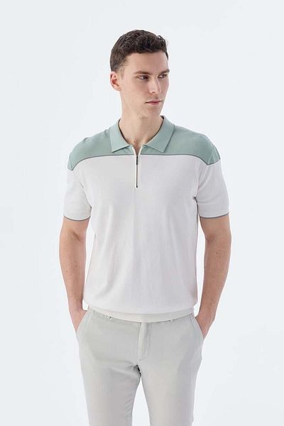 Jakamen Μπλουζάκι με γιακά πόλο με φερμουάρ Mint White Slim Fit