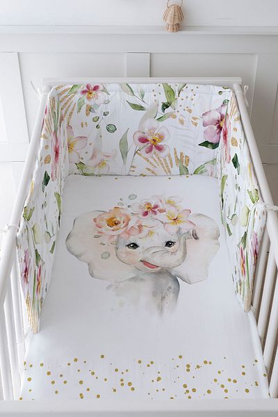 Tuğba Kuğu Baby Bedside Protector and Printed Sheet Sleeping Set - For Baby Series - Watercolor Elephant