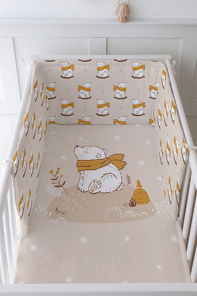 Tuğba Kuğu Baby Bedside Protector and Printed Sheet Sleeping Set - For Baby Series - Brown Scarf Bear