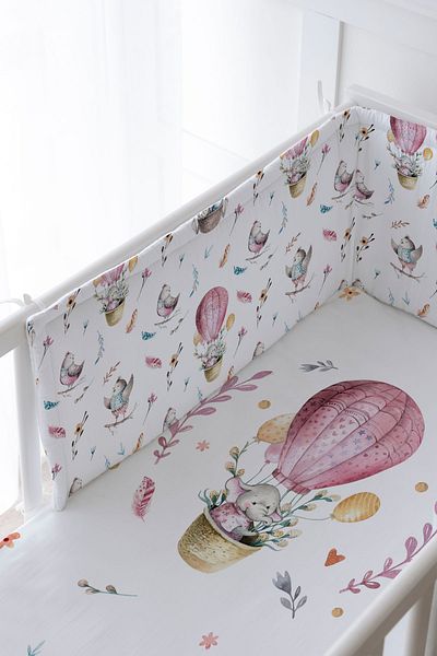 Tuğba Kuğu Baby Bedside Protector and Printed Sheet Sleeping Set - For Baby Series - Elephant in Pink Balloon