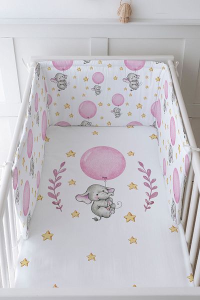 Tuğba Kuğu Baby Bedside Protector and Printed Sheet Sleeping Set - For Baby Series - Pink Large Balloon Elephant