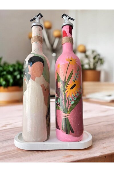 Mes Reves طقم وعاء صلصة نسائي محلي بزخارف زهور وردية - وعاء زيت وخل ديكور الم...