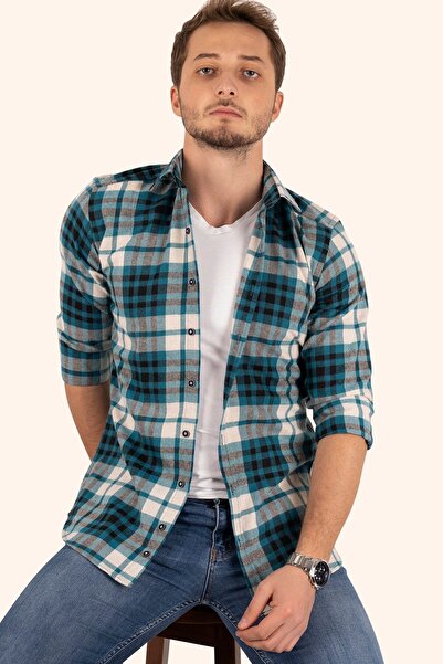 Etikmen Férfi Slimfit türkiz favágó ing - ajándékdobozban