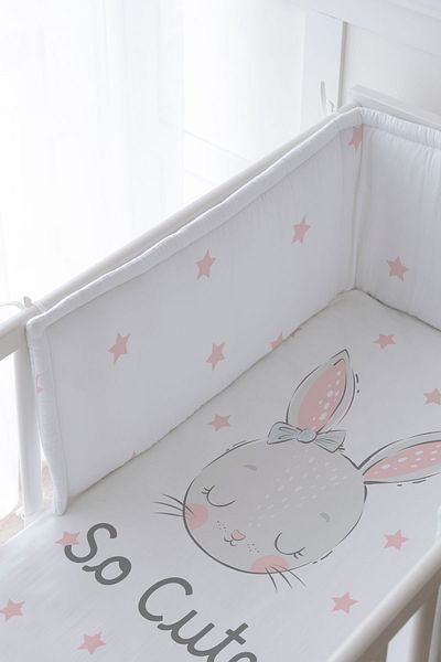 Tuğba Kuğu Baby Bedside Protector and Printed Sheet Sleeping Set - For Baby Series - Pink Eared Rabbit