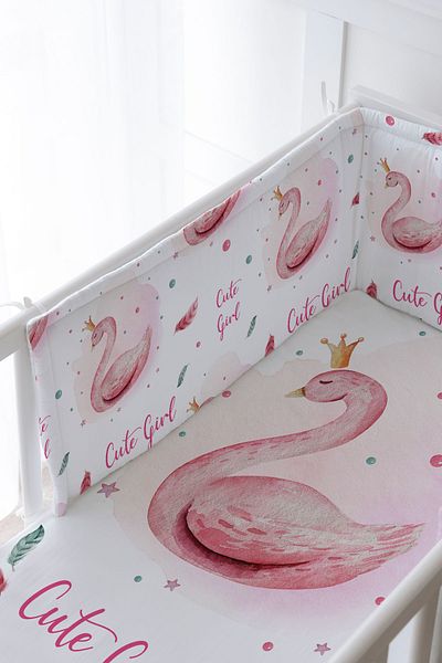 Tuğba Kuğu Baby Bedside Protector and Printed Sheet Sleeping Set - For Baby Series - Pink Swan with Pink Background