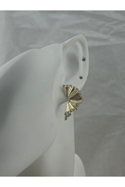 Venom Boutique Bijouterie Accessory Taş Detaylı Yelpaze Form 14K Gold Renk Kararmaz Antialerjik Özel Tasarım Çelik Kadın Küpe