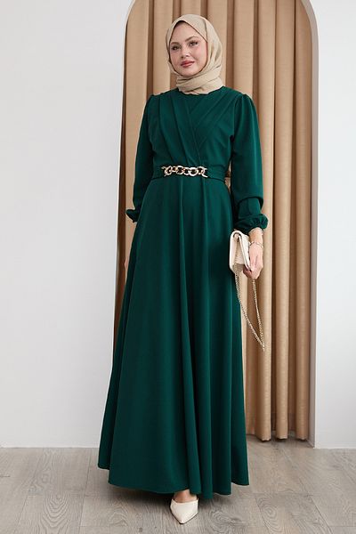 InStyle Double Breasted Collar Chain Belted Emerald Green Dress