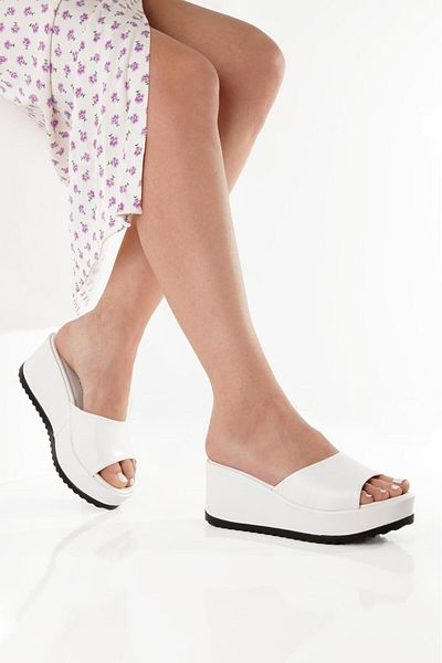 ayselin moda Women's White Skin Wedge Heel Orthopedic Slippers