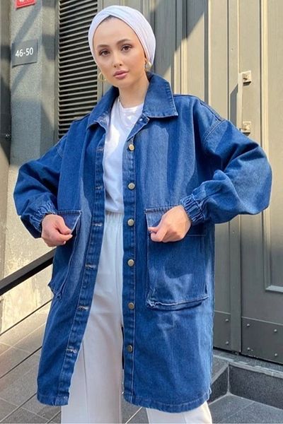 Bestenur Τζιν μπουφάν Oversize με τσέπες 1435 - Μπλε