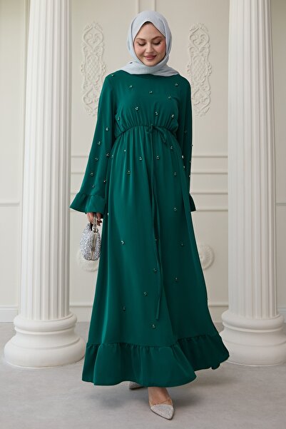 InStyle Ember Green Dress with Stone Embroidered Sleeves and Ruffles
