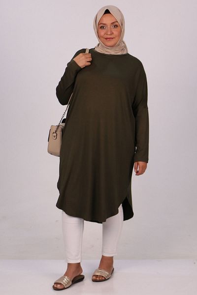 Eslina 38110 Large Size Khaki Combed Cotton Tunic - Low Sleeve