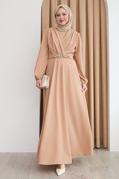 InStyle Φόρεμα Camel με διπλό γιακά με αλυσίδα