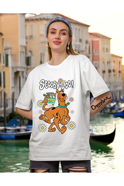 H&GHAMLEGİYİM - تي شيرت نسائي كبير الحجم مطبوع عليه سكوبي دو