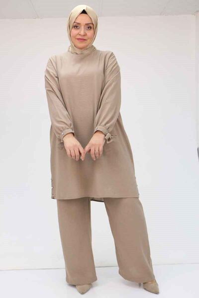 Eslina 57013 Büyük Beden Kol Manşeti Ve Yırtmacı Taşlı Keten Pantolonlu Takım...