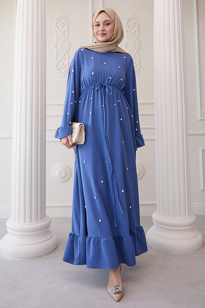 InStyle Rochie albastră cu volane cu mâneci brodate cu piatră