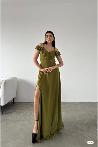 Modafeminen Straps Shoulder Ruffle Slit Evening Dress 582190 Pistachio Green