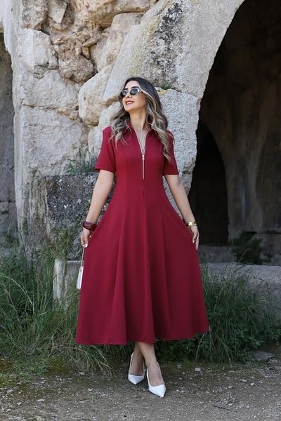 bytugcekaya Rochie clopot din bumbac burgundy cu jumătate de fermoar