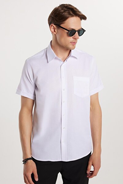 Tudors Ανδρικό κοντομάνικο κλασικό κοντομάνικο βαμβακερό πουκάμισο με μονή τσέπη Dobby λευκό