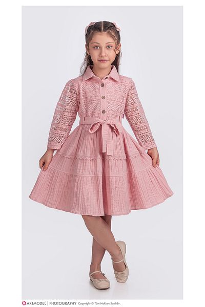 Pina Kids Girl's Long Sleeve Laced Belted Buttoned Dress Elb.2699Y