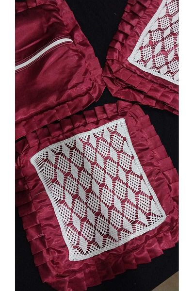 Papatyam 4 Pieces Hand Knitted Crocheted Satin Fabric Throw Pillow Lace Vintage Dowry Holder