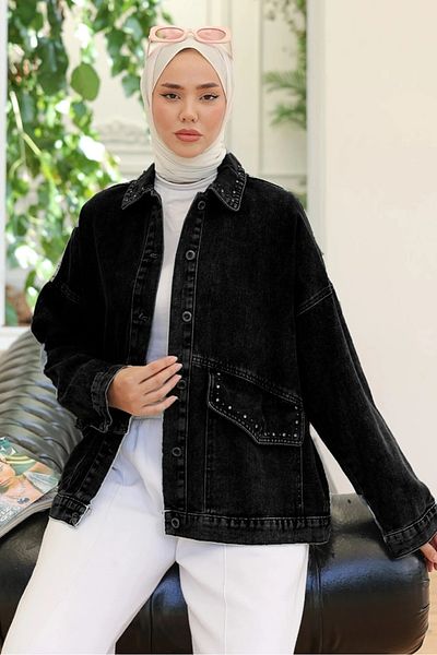 Bestenur Stoned Denim Jacket 1438 - Μαύρο
